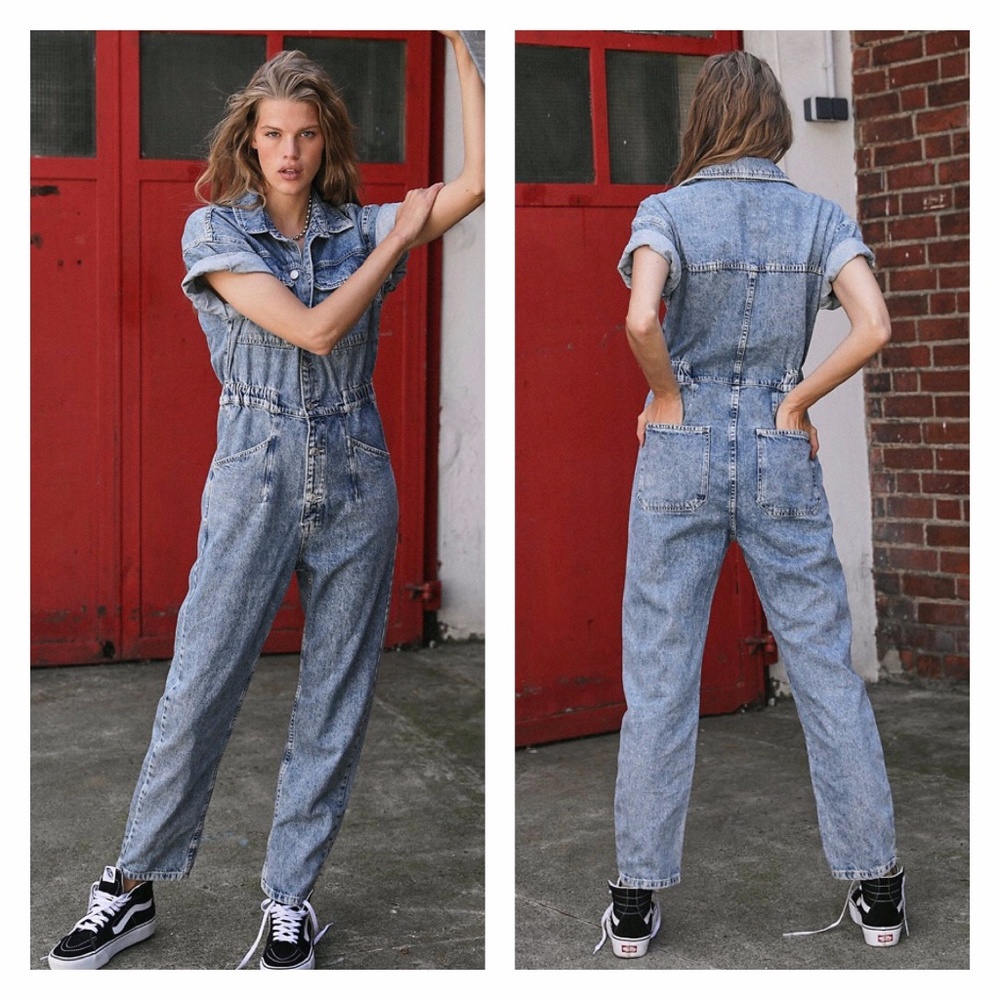 Free People Light Wash Denim Jumpsuit